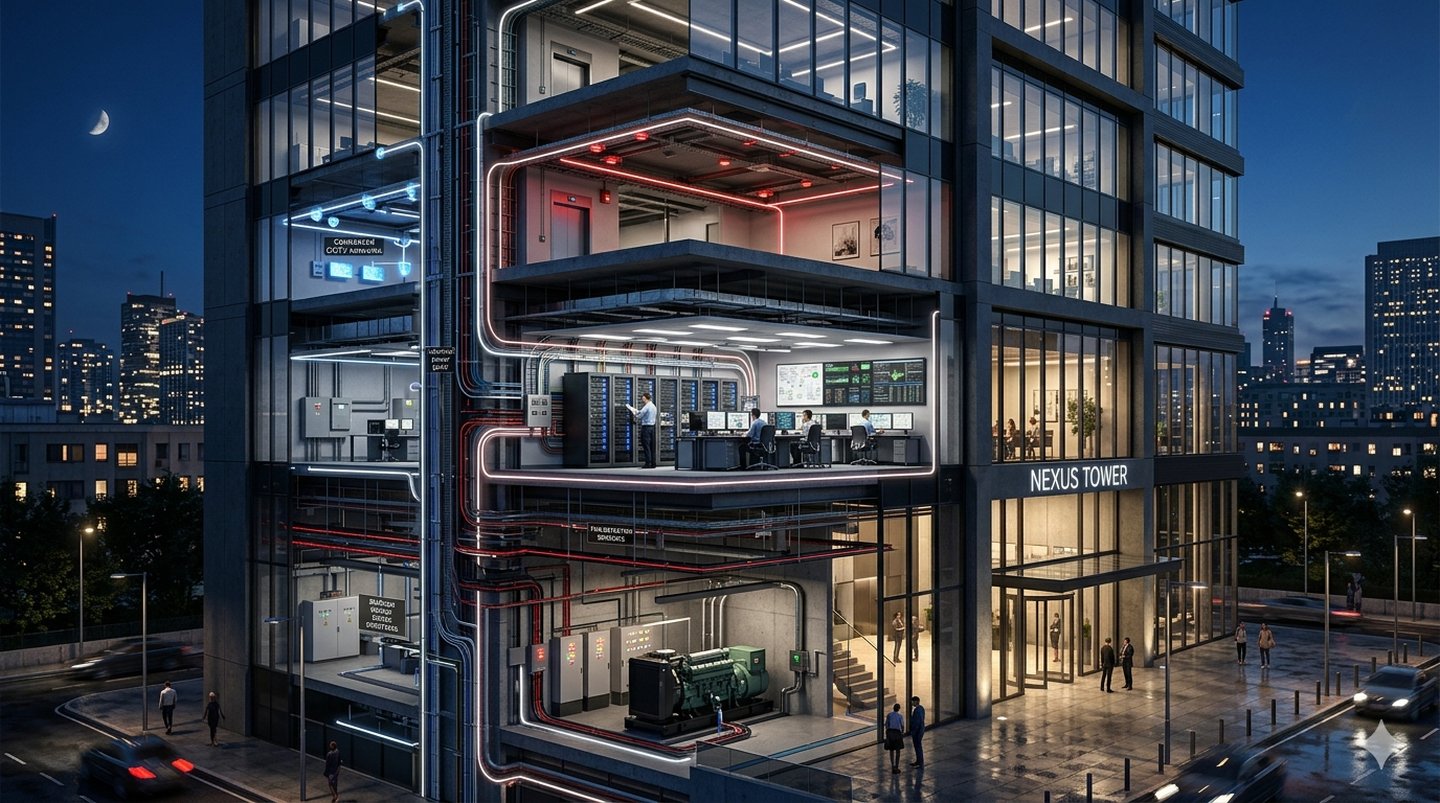 Vue en coupe d'un bâtiment professionnel montrant l'infrastructure technique intégrée par Sidouni Technologie : tableaux électriques, câblage courant fort et courants faibles, vidéosurveillance, réseau informatique et salle de contrôle